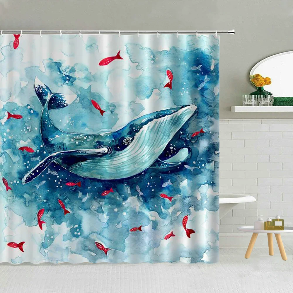 Fun Cartoon Sea Animal Shower Curtain, Sea Turtle Octopus Jellyfish Whale Crab Sea Life Landscape, Bathroom Shower Curtain Set