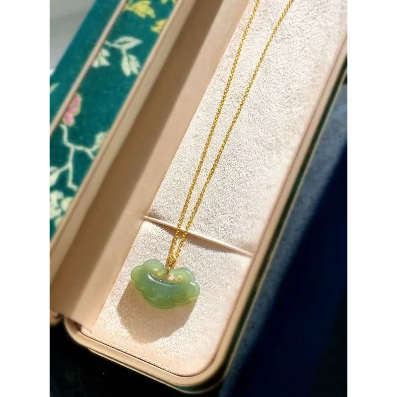 Natural Hetian Peace Lock Ruyi Women, Gold-Encrusted Jade Pendant, Fashionable And Versatile