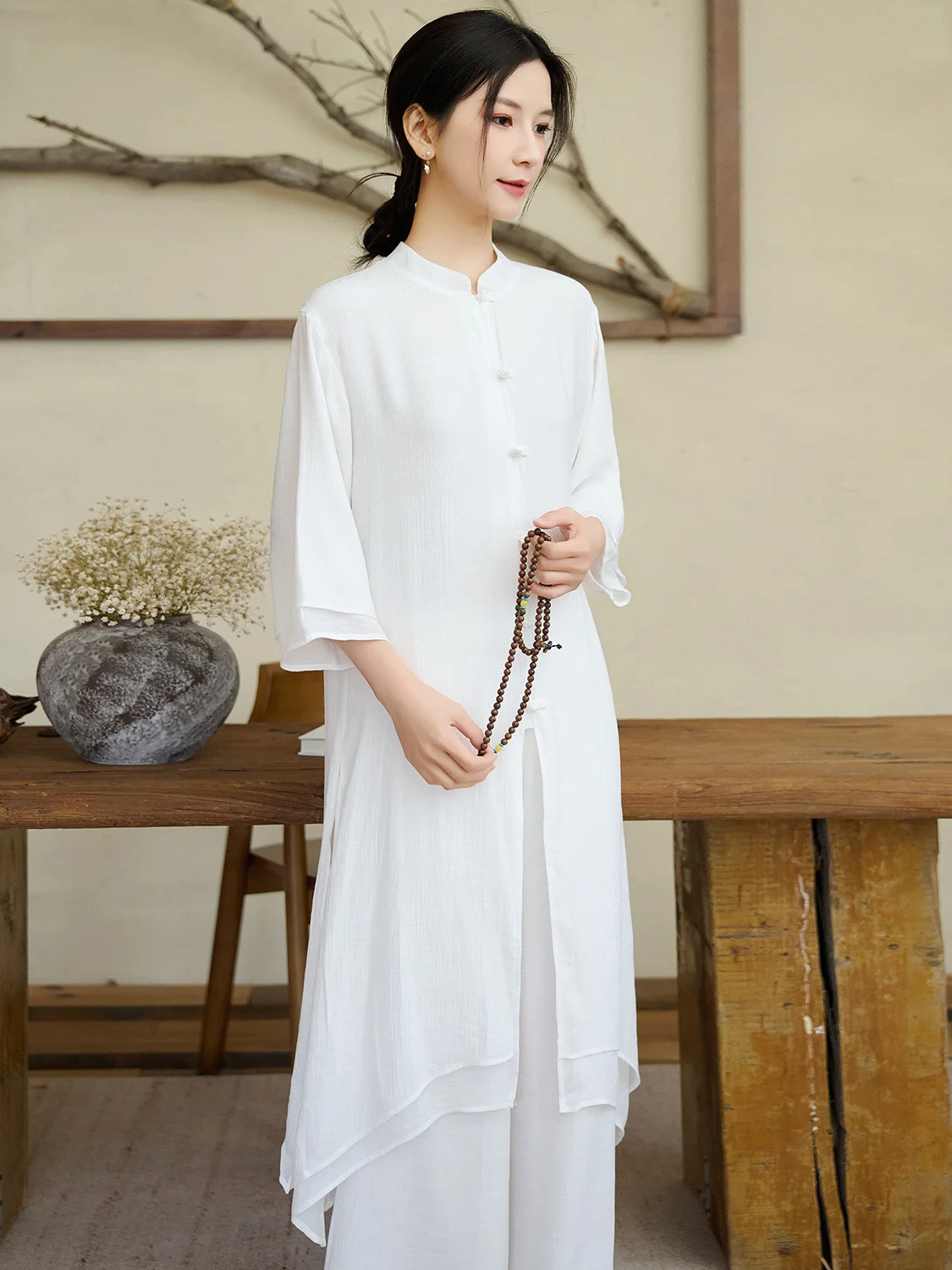 

Модный комплект из хлопка и льна: топ с воротником-стойкой и рукавом до локтя, юбка миди, брюки с эластичным поясом для женщин