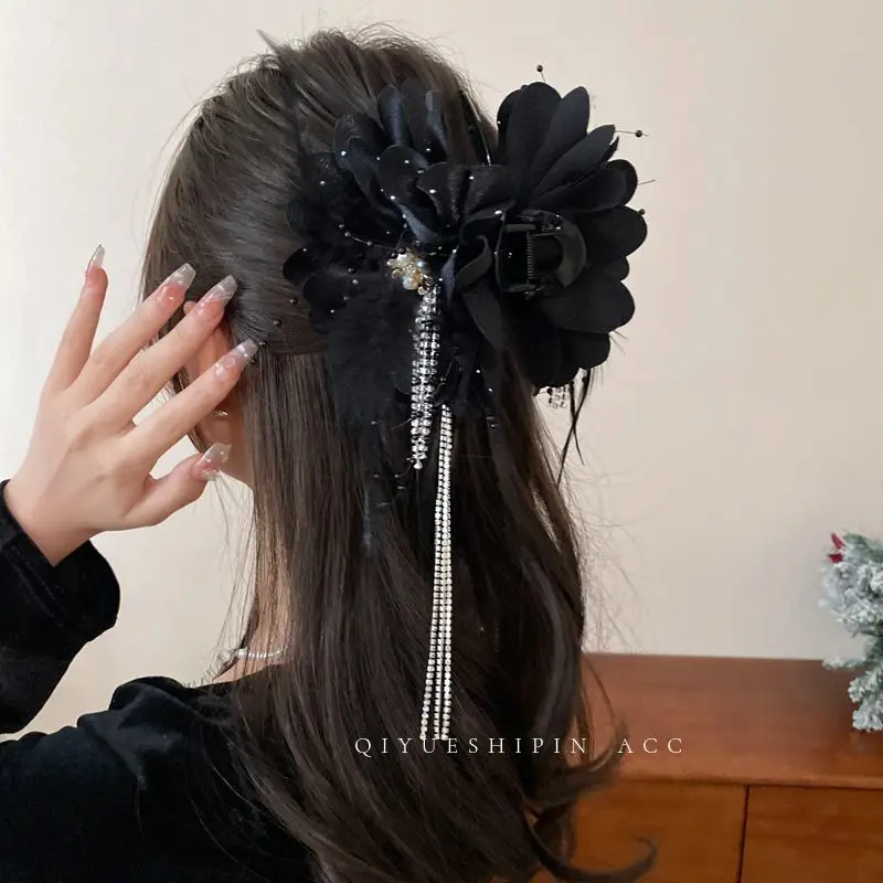 Female Black Feather Tassel Flower Hair Claws Elegant Women Girls Hair Hairpins Temperament Hair Accessories 2024 New Headwear