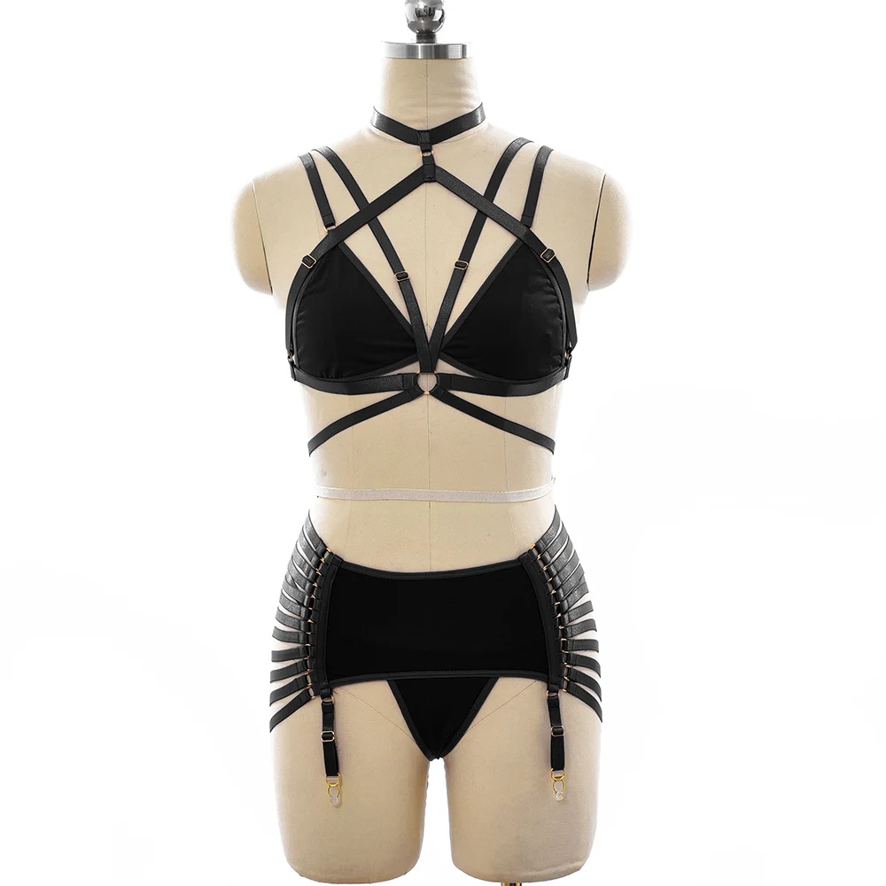 Women Crop Top Harness Cage Bra Bondage Clip Stocking High Waist Belt Leg Garter Elastic G-String Briefs Sexy Lingerie Set