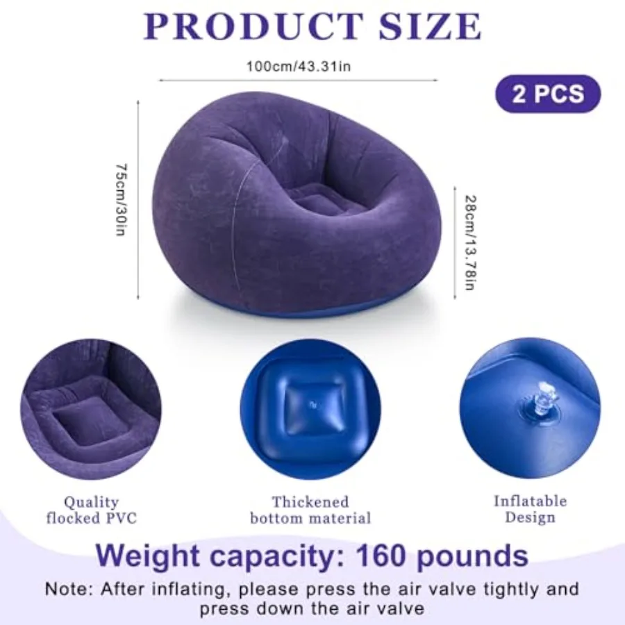 2 Pcs Inflatable Bean Bag Chairs with Electric Air Pump Outdoor Blow up Chair Inflatable Lazy Sofa Folding Portable Loungers Co