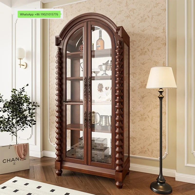 HJ all-solid wood wine cabinet household living room large-capacity storage arched retro wind wall display cabinet