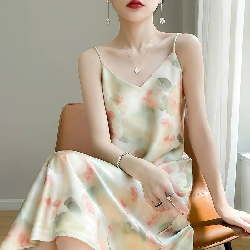 Ele الحرير الساتان الأزهار طباعة V-Ne ألف خط طويل الدكتور المرأة الصيف التخسيس حزام الدكتور الكورية Sle تنورة عالية الخصر #2