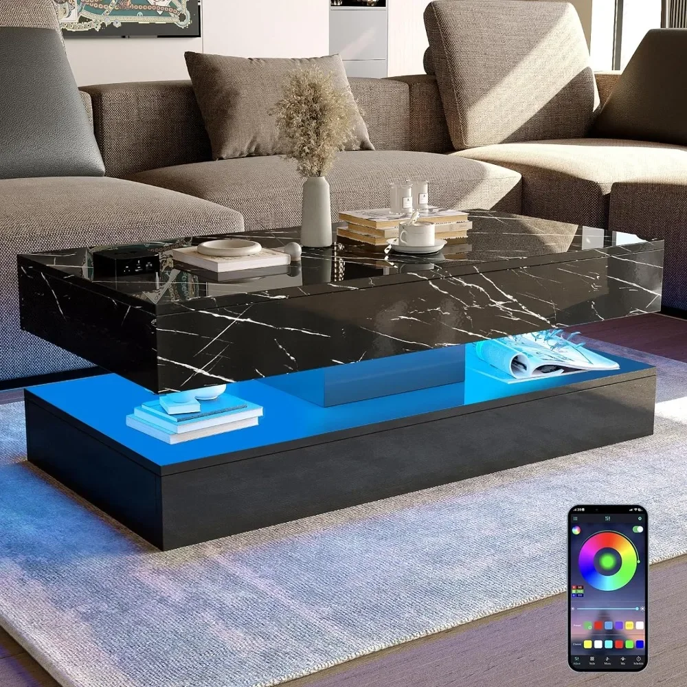 LED Coffee Table with 2 Storage Drawers, Modern High Gloss BlackCoffee Table, 2 Tiers Rectangle Center Table APP Control, Black