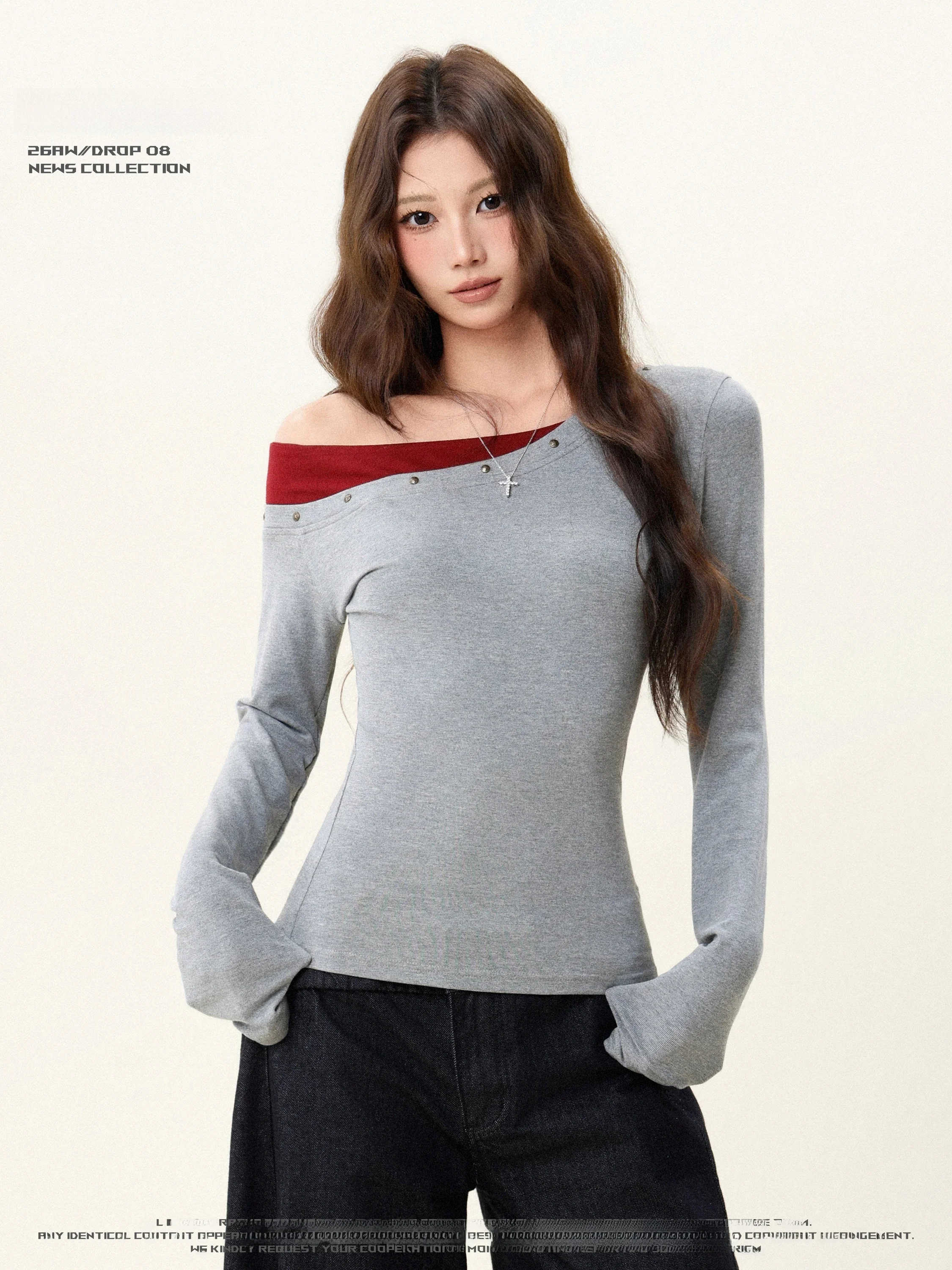 ANAMONE Korean Style Color Block Long Sleeve One Shoulder T-Shirt Women Slim Fit Base Layer Top Fashionable Autumn Wear