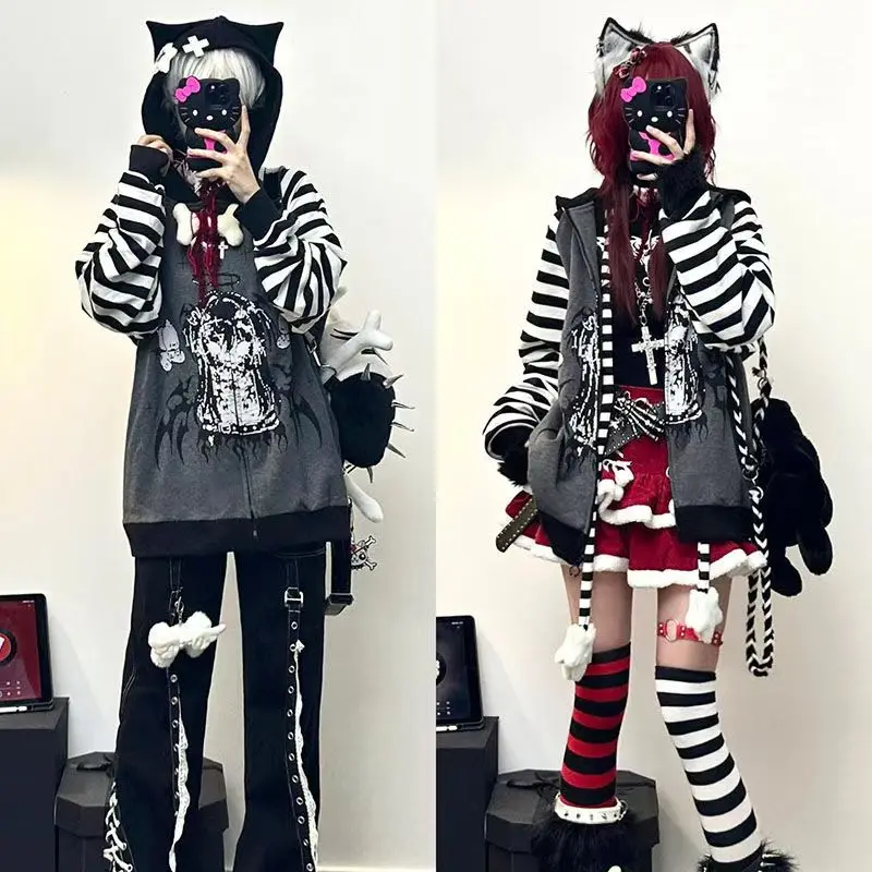 Japanese Subculture Demon Printed Hoodies Fashion Punk Style Striped Long-sleeved Hoodie Women Oversized Loose Cosplay Clothing