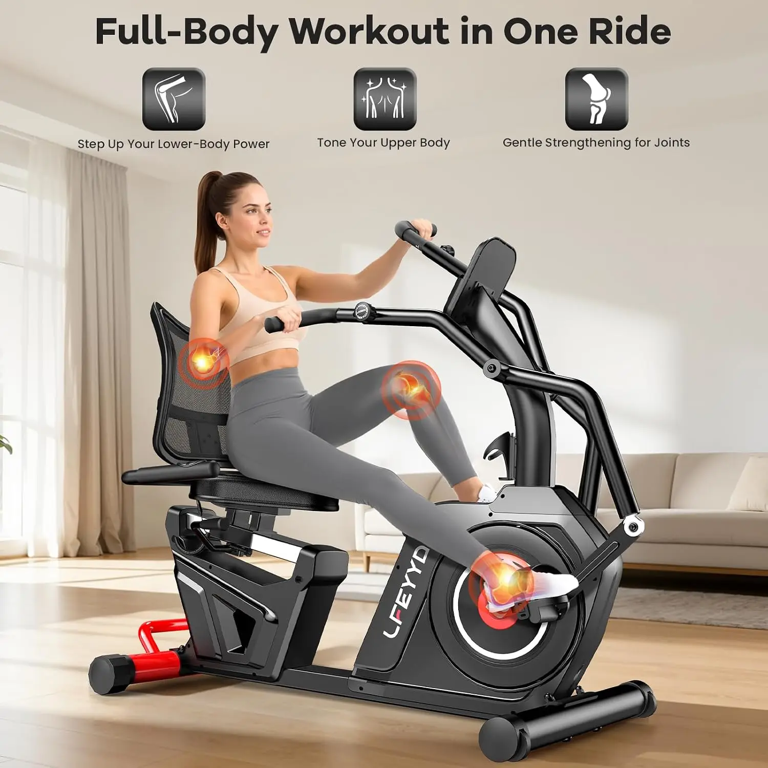 Recumbent Bike with Arm Exerciser, 16-Level Magnetic Resistance, 450LBS, Bluetooth, LCD Monitor, Cardio & Therapy, Customized