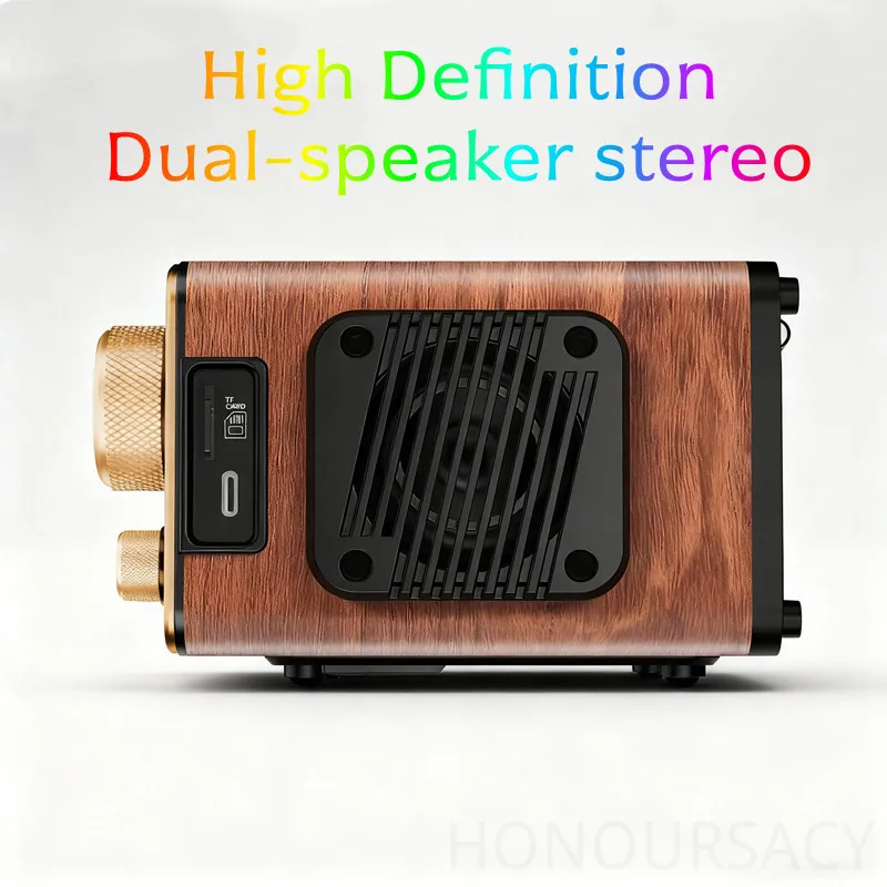 HRD-802S FM SW Radios Bluetooth 5.2 Dual Speaker Digital display Alarm Clock Card-inserting APP Smart EQ Retro Wooden Radios