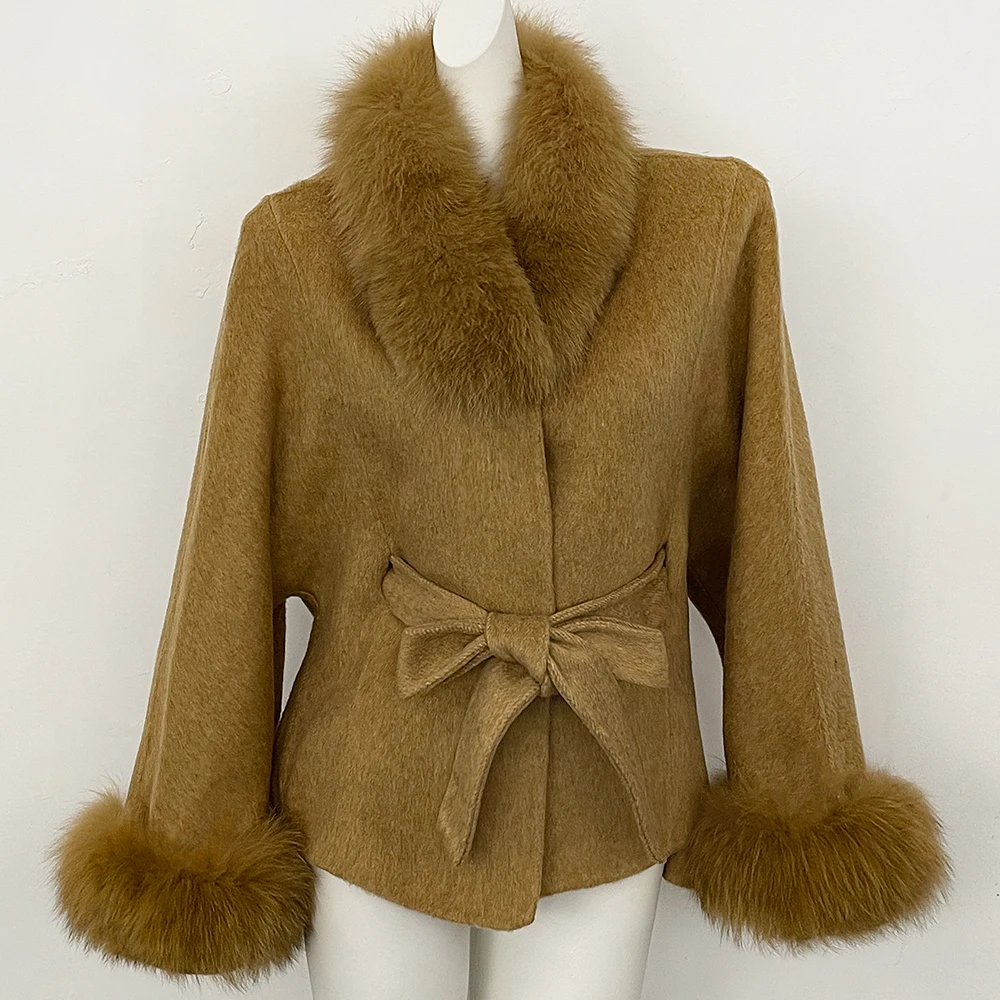 Wool Coat with Fur Trim New Winter Natural Fur Woolen Jacket Women Luxury Removable Fox Fur Collar Belted Waist High Fashion