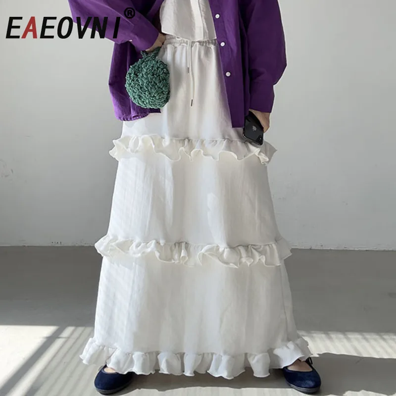 

EAEOVNI повседневная однотонная длинная юбка трапециевидной формы, женские свободные универсальные юбки с оборками, новая модная одежда