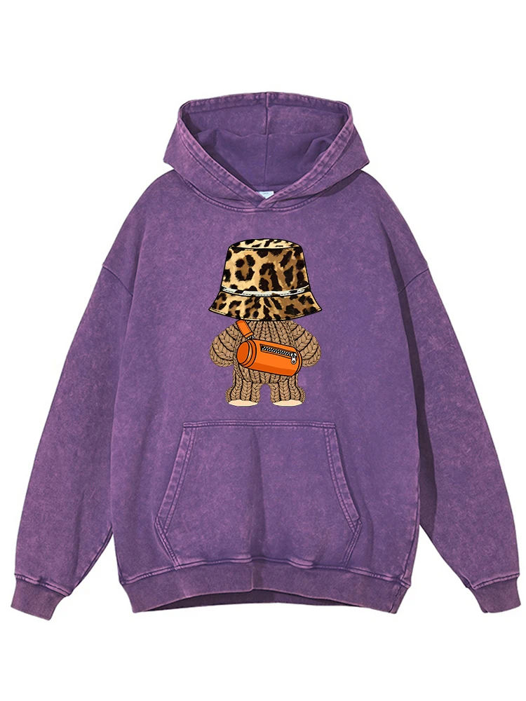 Hip Hop Tide Little Bear Print Gewassen Distressed Vrouwen Hoodie Mode Oversize Vintage Hoody Herfst Warm Katoen Basic Kleding