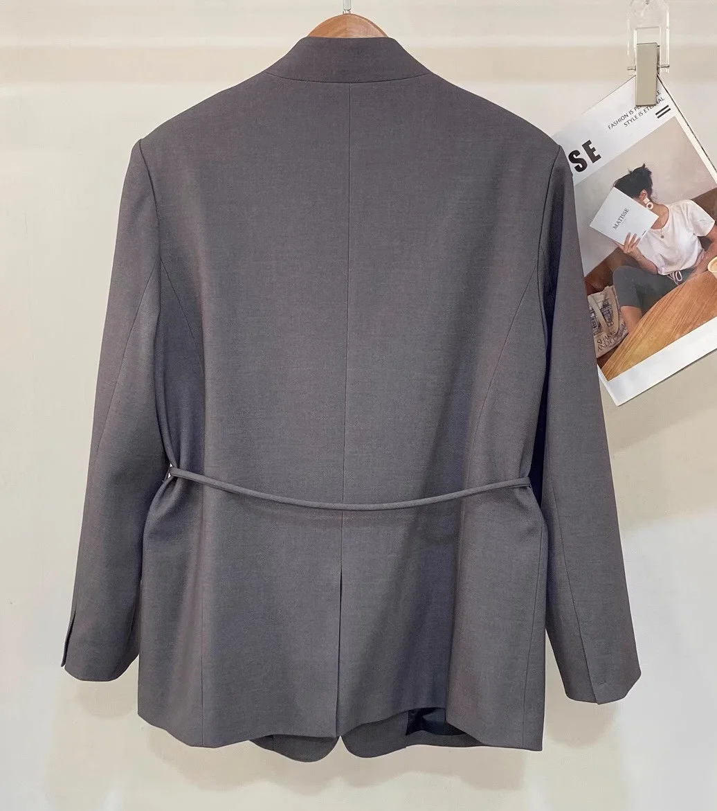 Cappotti blazer nuovi di alta qualità 2025 Autunno Inverno Miscela di lana Donna Colletto dentellato Cintura con cordino Deco Cappotti di lana grigia a maniche lunghe