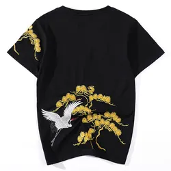 Harajuku T Shirt Men Vintage Crane Embroidery T Shirt Men Women Cotton Short Sleeve Graphic Tees Chinese Fashion hip hop Tops