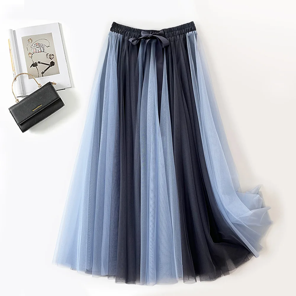 Korean Style Contrasting Mesh Skirt Elastic Waistband Bow Gentle Style Big Swing Skirt Fashionable Temperament Half Length Skirt