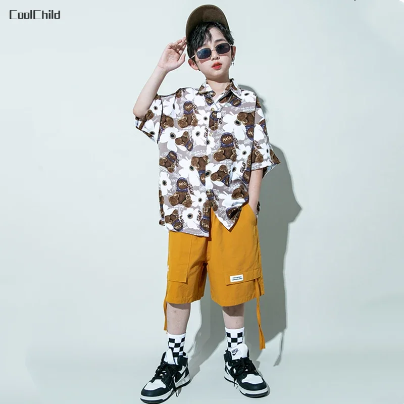 子供のヒップホップベストフラワーTシャツとカーゴパンツセット、クールストリートダンスショーツ、クールなファッションストリートウェア、子供服、ジャズスーツ男の子、女の子