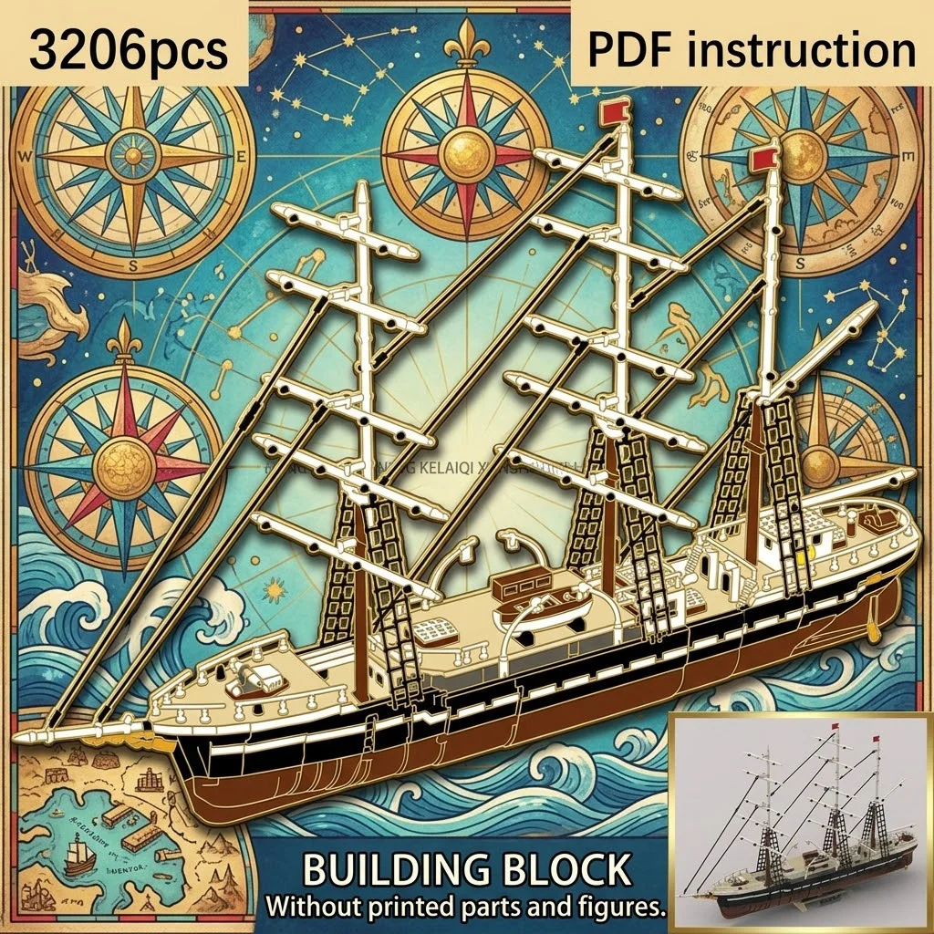 Classic Three Mast Sailing Ship Historic Vessel Detailed Rigging Wooden Deck MOC Block Model For 252249
