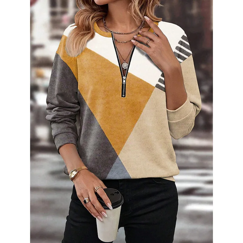 Felpa casual da donna Fashin Griglia geometrica cuciture Manica lunga O-Collo Pullover con cerniera Autunno Inverno Top Felpa da donna