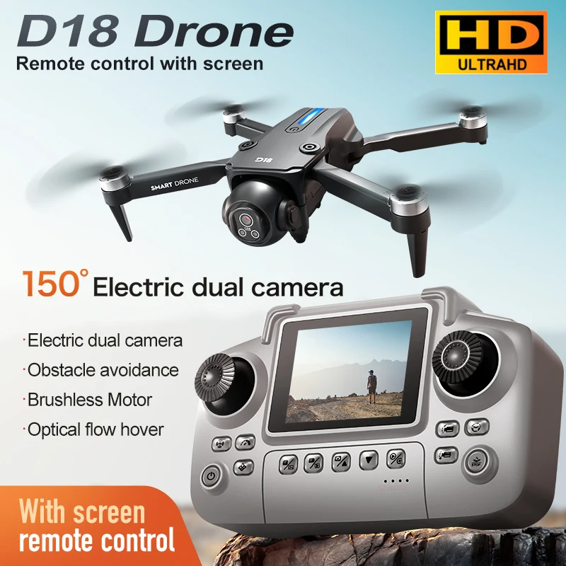 D18 Mini Screen Drone 150° ESC Dual Camera Aerial Photography HD Brushless Optical Flow Remote Control Aircraft Quadrotor Gift