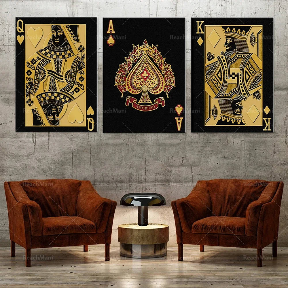 King Queen Canvas King Playing Card Printing Wall Decoration, Game Room Printing Heart King Poker Poster Spades Club Playing Car