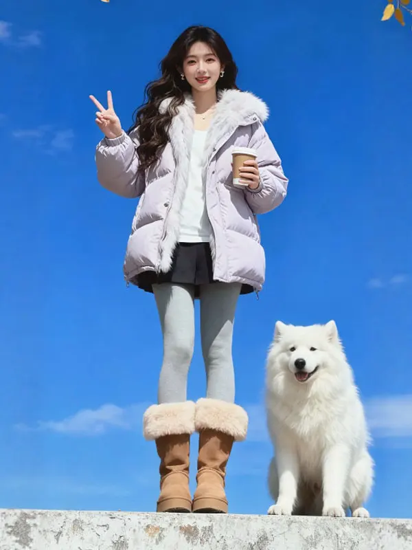 

Sli Thiened Cotton Jaet with Large Fur Collar Trendy Faionable Soft Wind Winter Outerwear for ort People