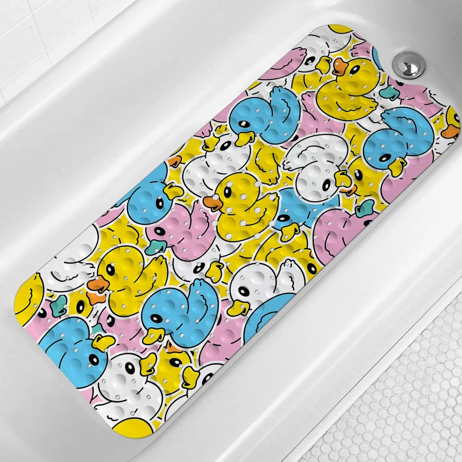

Cartoon Duck Bathtub Mat for Kids, Non Slip with Drain Holes & Suction Cups, Machine Washable, 40x16 Inch