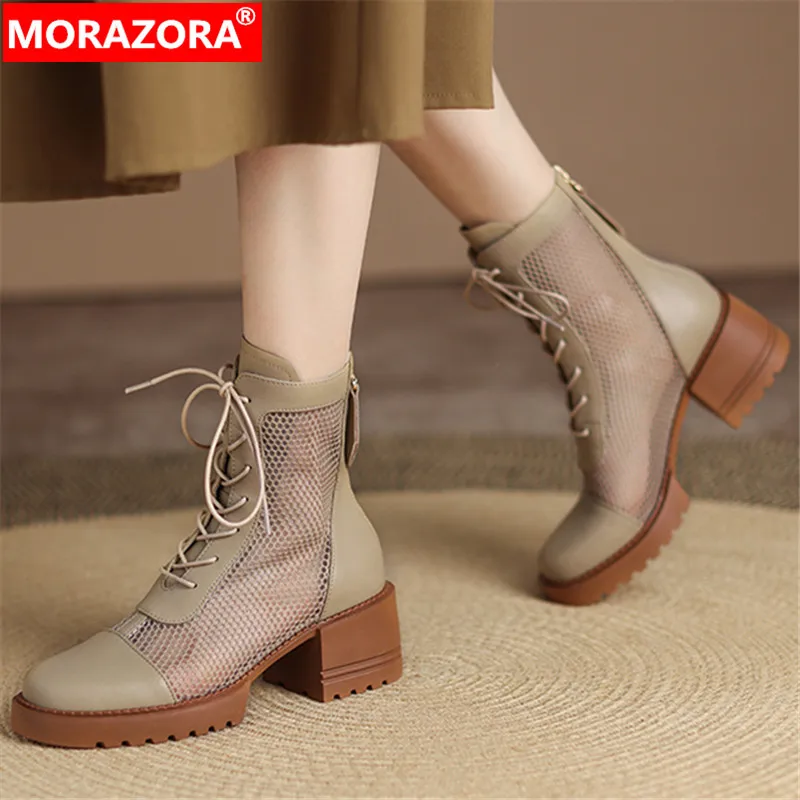 MORAZORA 2022 New Vintage Genuine Leather Boots Woman Thick High Heels Round Toe Summer Boots Ladies Mesh Ankle Boots