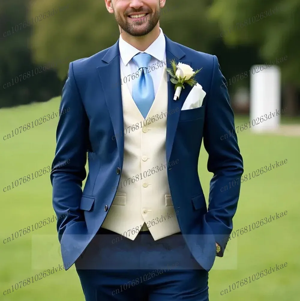 

Dark Blue And Beige Men Suit Wedding Party Formal Groom Groomsman Prom Business Male Tuxedos 3 Piece Set Jacket Vest Pants