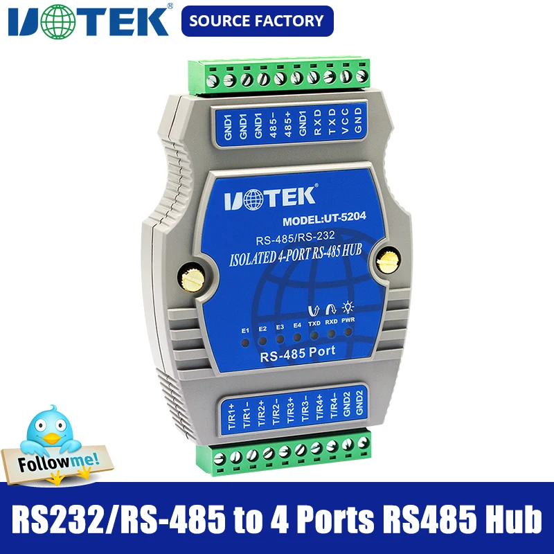 

UOTEK Industrial Grade RS-232 RS-485 to 4 Ports RS485 Hub Adapter Din-Rail with Isolation ESD Lightning Surge Protection UT-5204