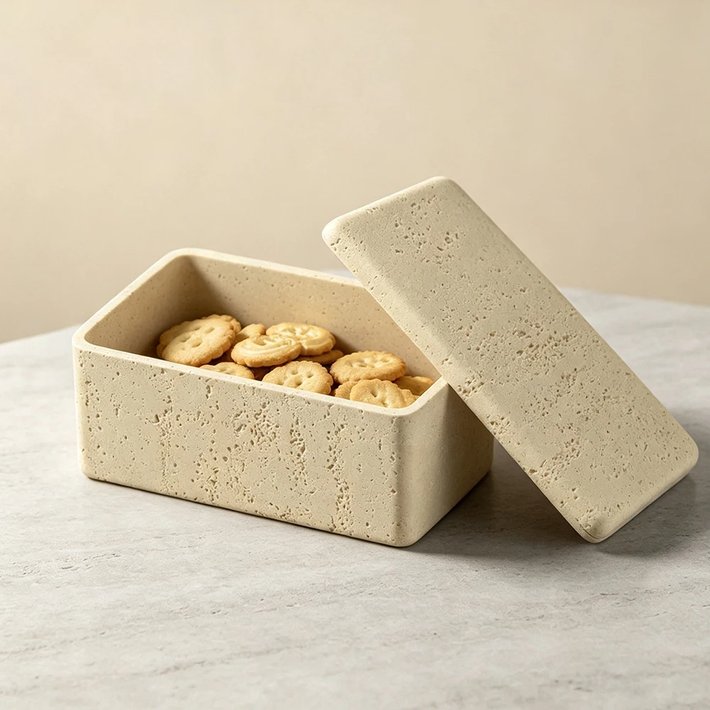 Travertine Texture Rectangle Silicone Mold With Lid, Cookie Snack Storage Box Cast Mould, DIY Gypsum Cement Container Molds
