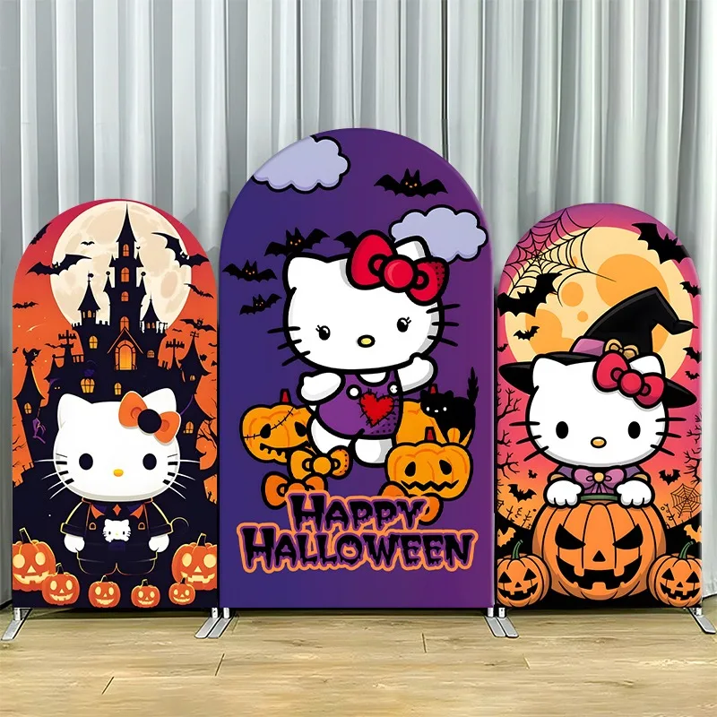 Housse de toile de fond 2D à arche plate, simple couche, en tissu non extensible, pour ensemble de fête d'Halloween Hello Kitty avec thèmes Château, Citrouille et Sorcière