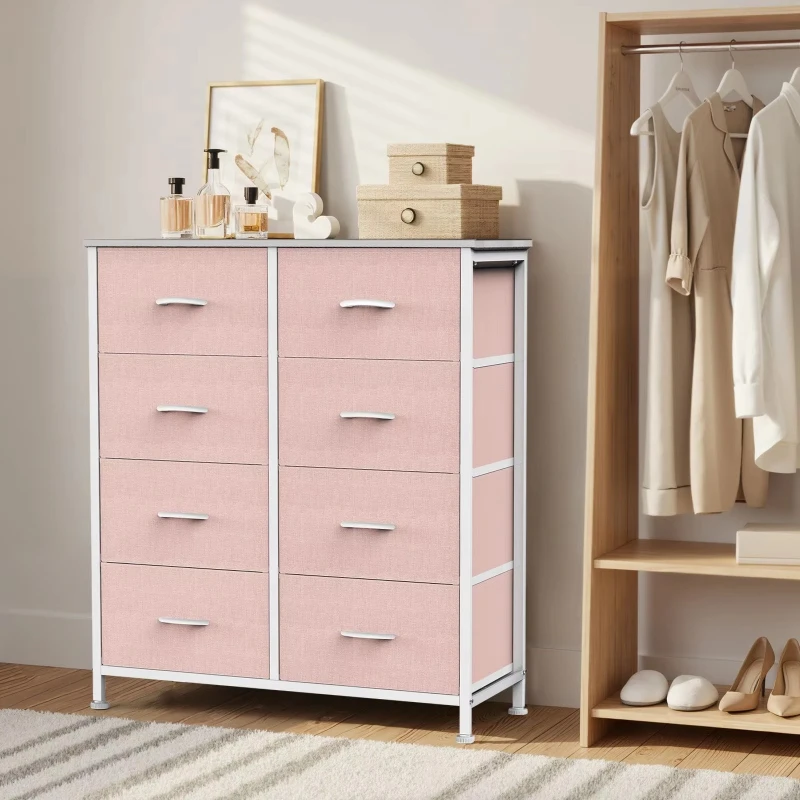Tall eight-drawer bedroom dresser with sturdy steel frame and wood-topped fabric chest of drawers