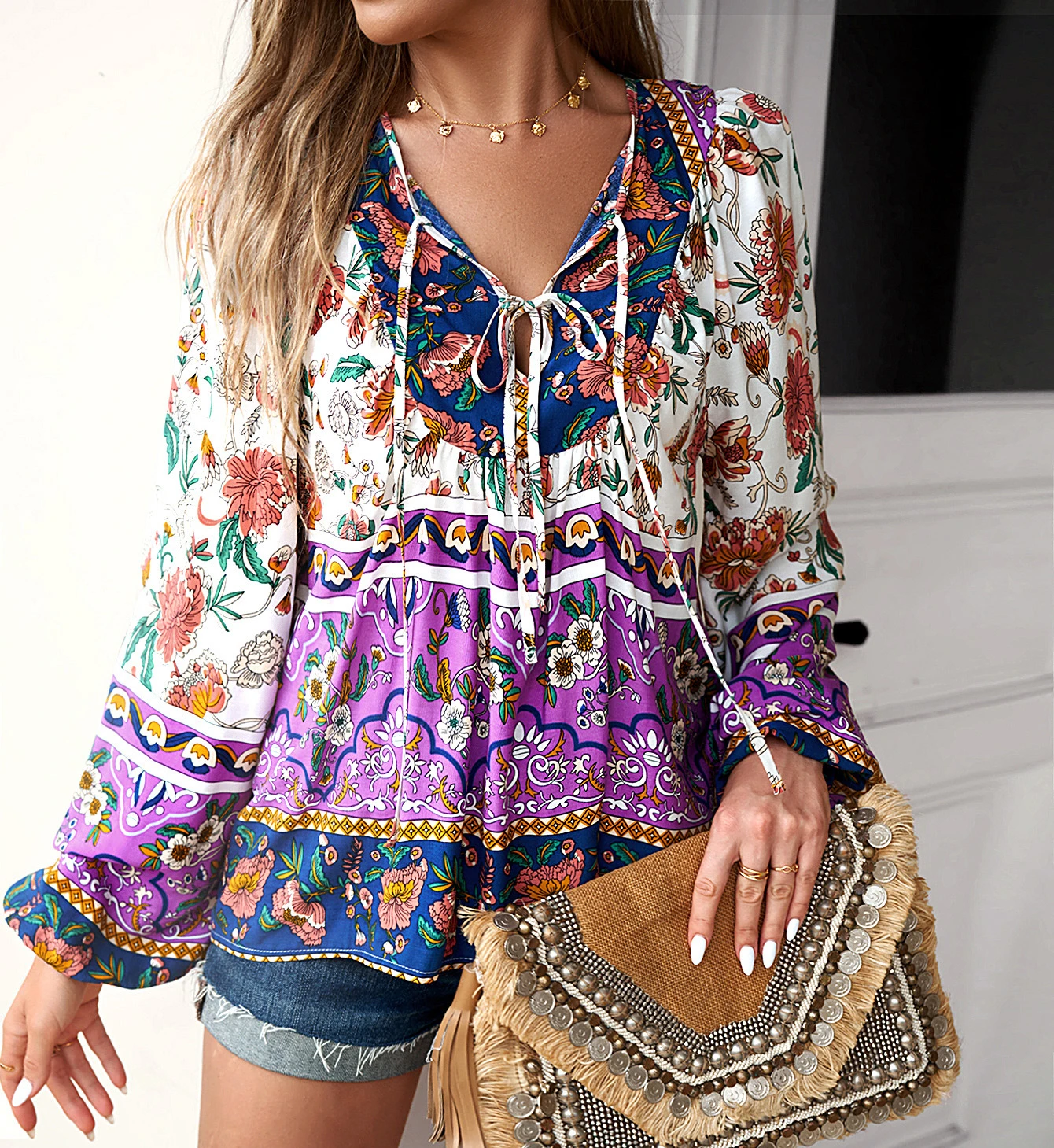 TEELYNN Cotton Rayon Floral Printed Blouses Shirts for Women Tops Long Sleeve V Neck Beach Boho Loose Blouse Summer 2023 Blusa