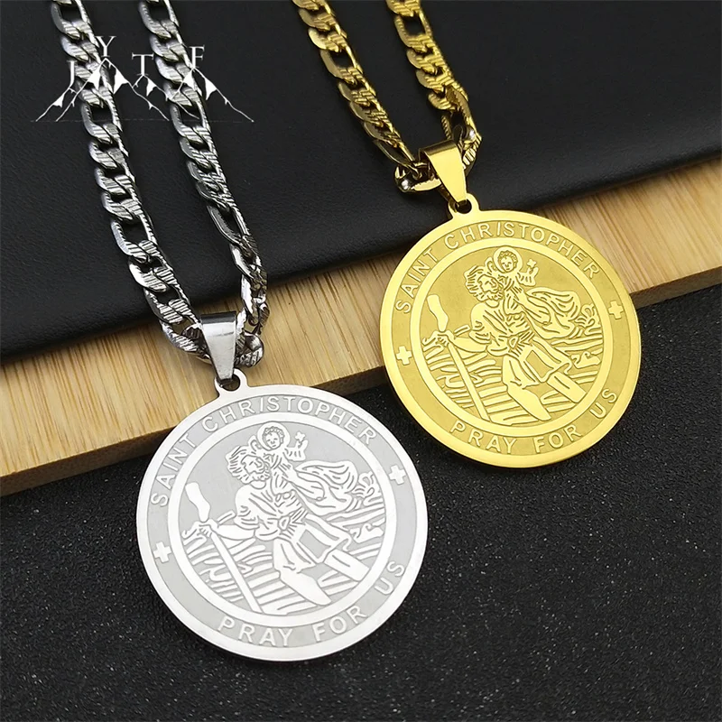 Jesus Saint Christopher Protect Us Pendant Necklace For Women Men Stainless Steel Gold Color Round Party Christian Jewelry