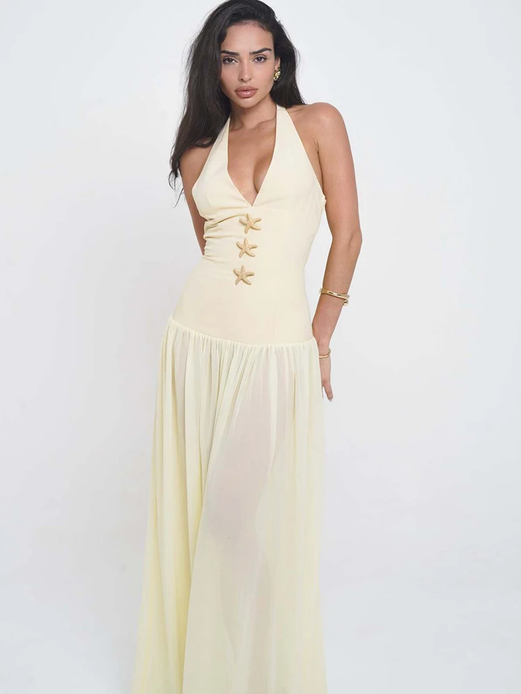 Oniflyme Sheer Patchwork Senza maniche A-line Maxi abito da donna Profondo scollo a V Halter Backless Fasciatura Abiti aderenti Abito sexy di moda