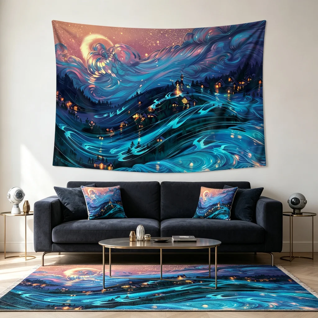 1PC Blue Glowing Art Print Backdrop Banner, Bedroom Living Room Photo Background, Polyester, Home Decor, Wall Art
