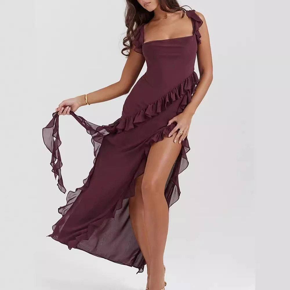 

Элегантное вечернее платье макси с квадратным вырезом и рюшами, без рукавов, облегающее, с высоким разрезом, из сетчатой ткани, для женщин