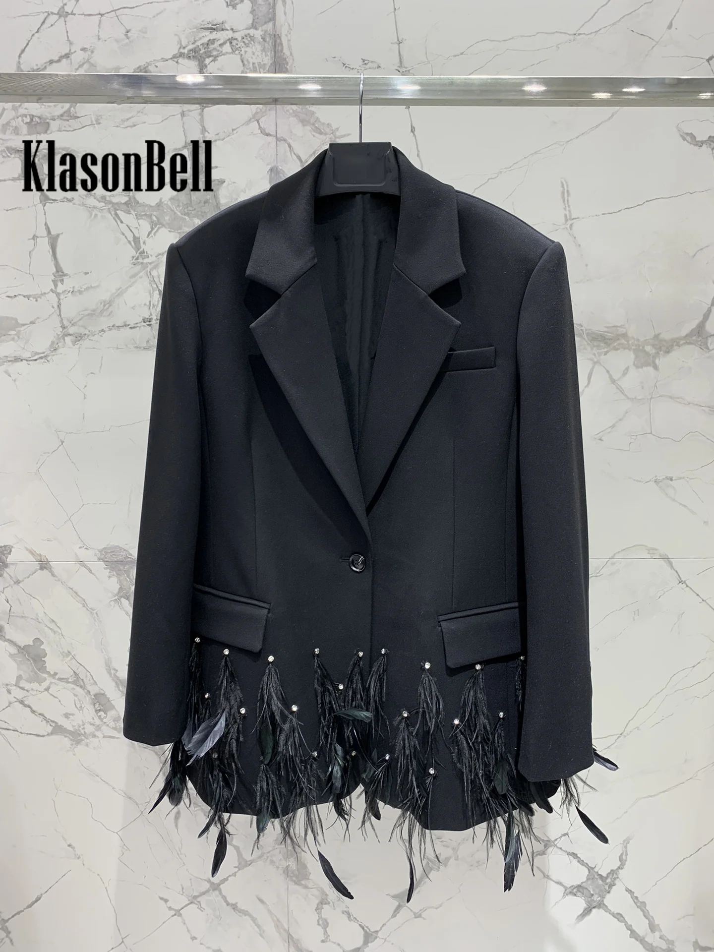 8.4 KlasonBell Women Noble Fashion Feathers Beading Loose Blazer Temperament Shoulder Pads Single Breasted Black Jacket Coat