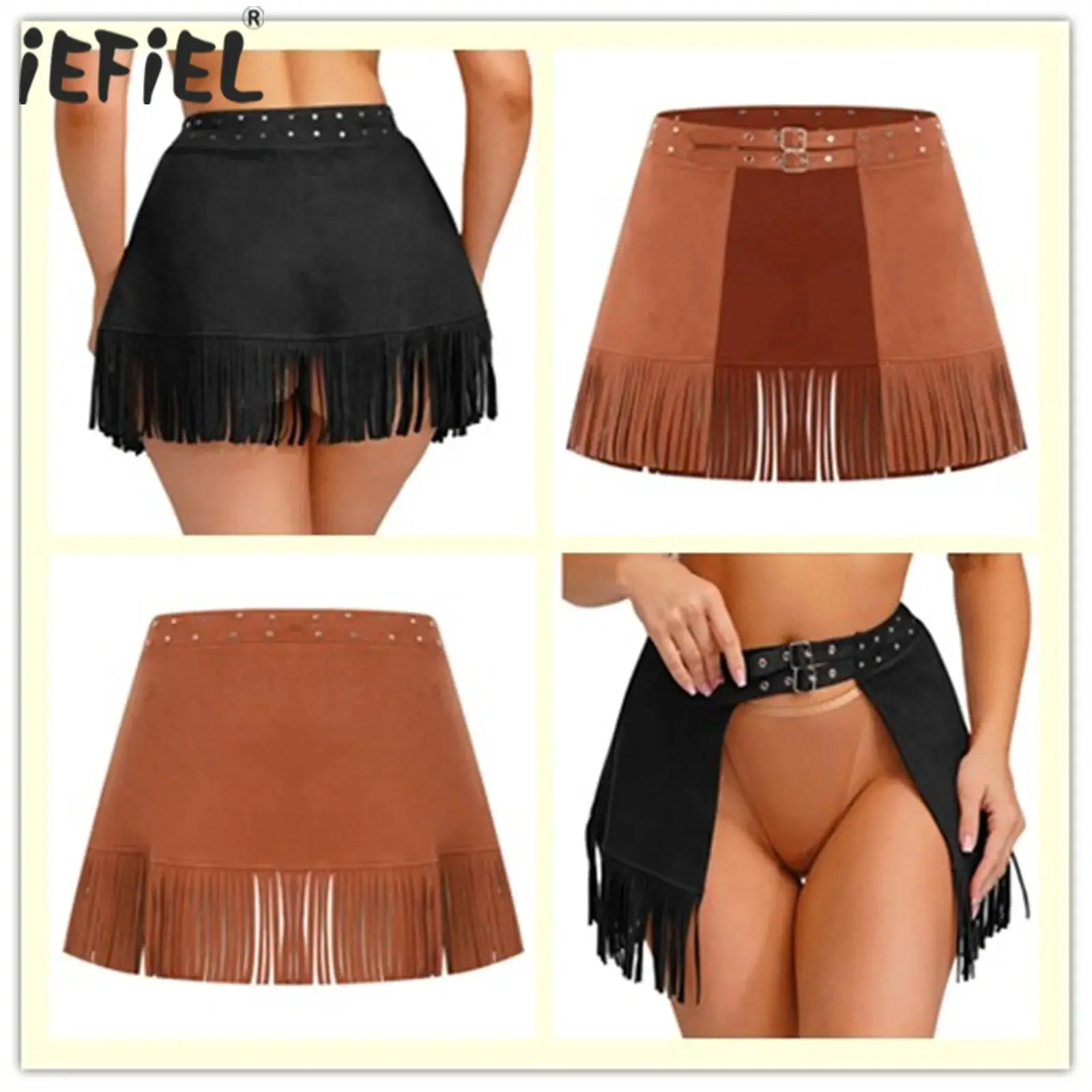 

Womens 70s Disco Faux Suede Skirt Retro Fringe Mini Skirt Double Buckles Rivets Front Open Tassel Trim Western Cowgirl Miniskirt