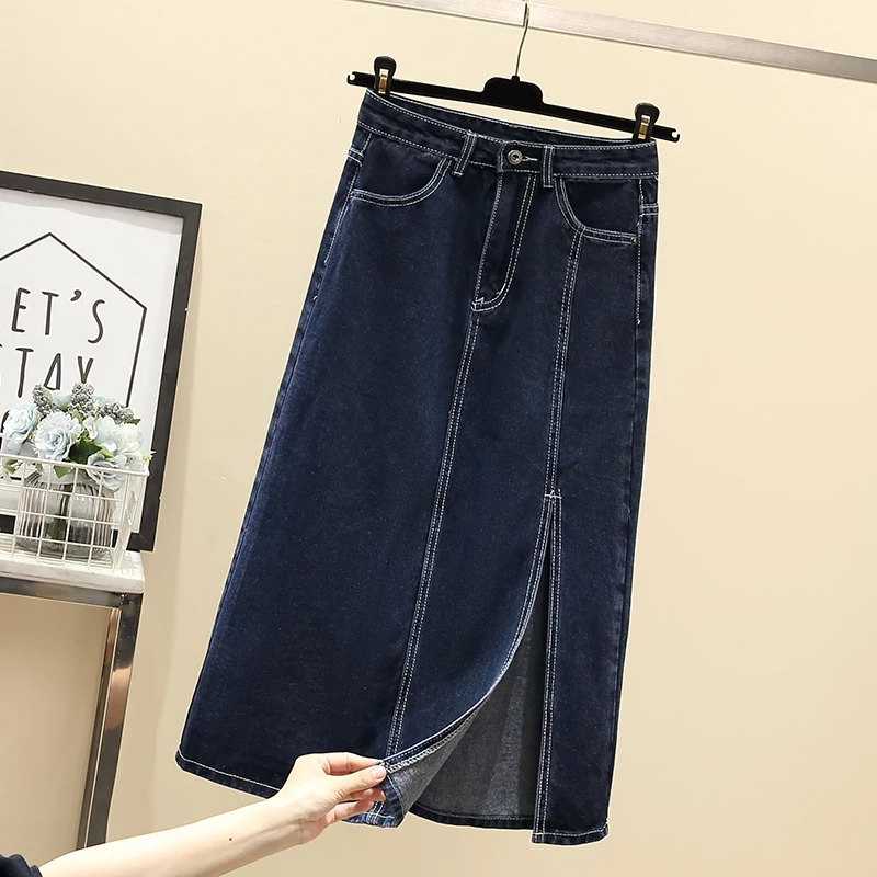 High Waist A-Line Midi Skirt Denim Versatile Split Slimming Summer New Style Korean Version Commute Pure Color Cotton Blend - view 4