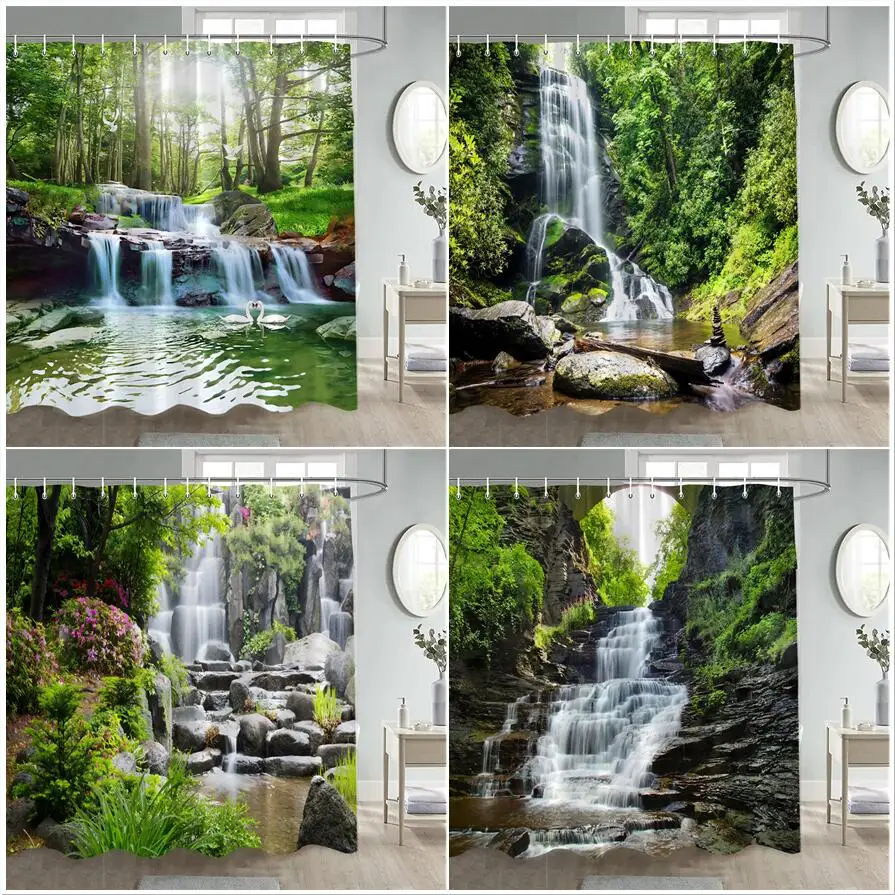 

Waterfall Landscape Shower Curtains Spring Forest Green Trees Plants Nature Scenery Polyester Fabric Bathroom Curtain Decor Set