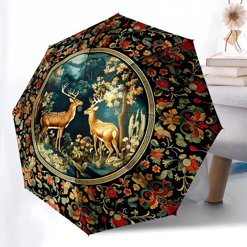 Retro Floral Animals Folding Umbrella - Fashionable Auto-Open Design 8 Iron Ribs Plastic Handle Foldable Sunshade，Perfect Gifts