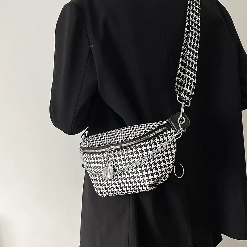 Fashion Chain Waist Bag For Women Houndstooth Chest Bag Quality Leather Fanny Pack Luxury Designer Female Shoulder Crossbody Bag