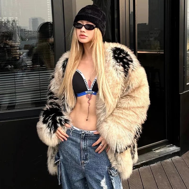 Print namaakbont jassen dames losse O-hals lange mouwen pluizige warme parka vrouwelijke winter chique mode straat outwears bontjas