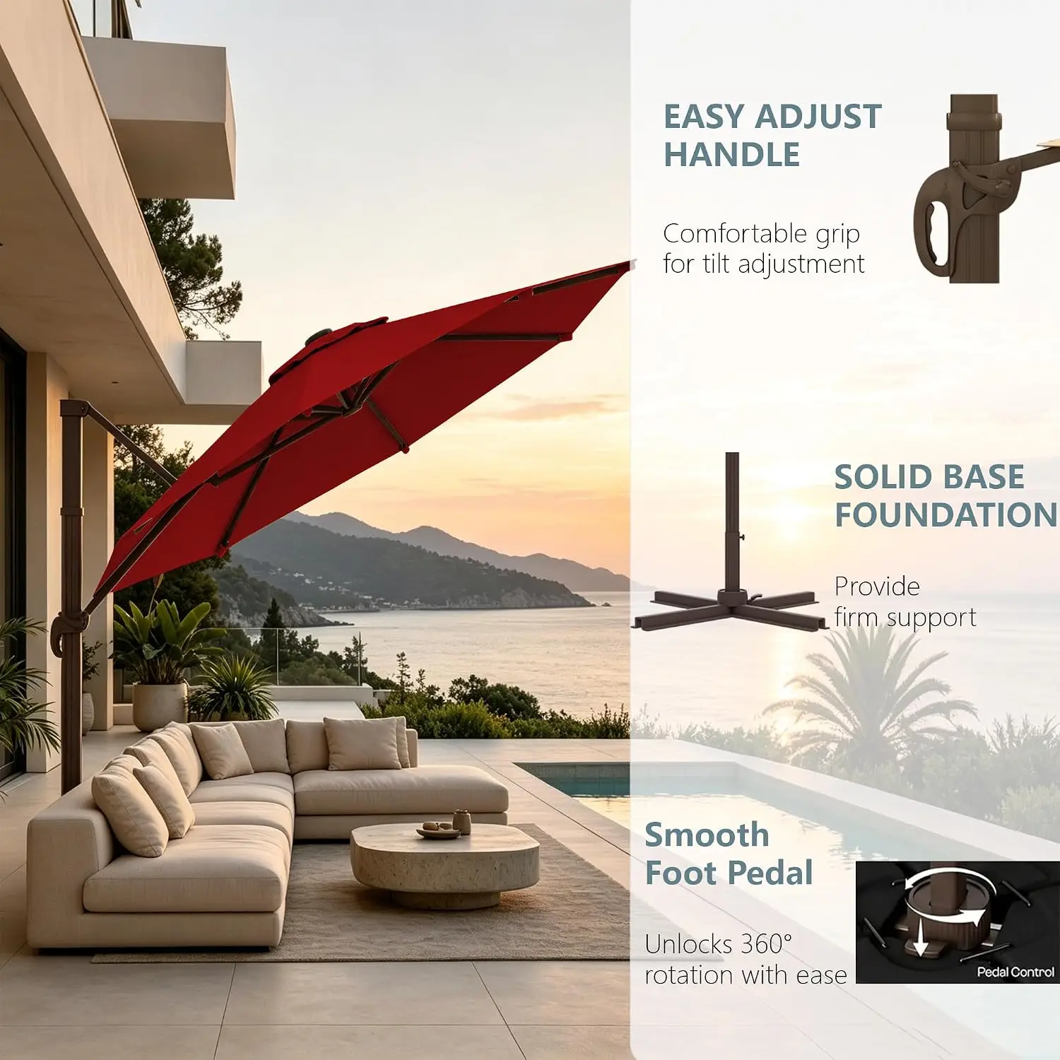Large Outdoor Umbrella with Base,cantilever Offset Patio Umbrella Red | 11FT Round ,360° Rotation + Tilt, Customized