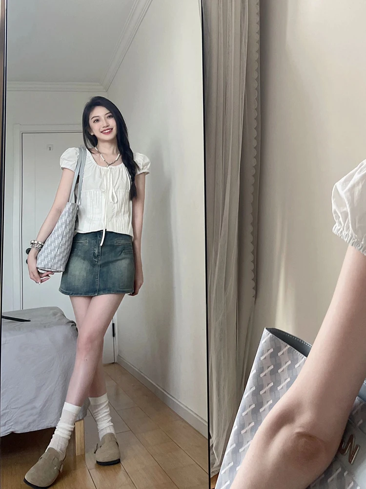 

Sweet White ort Fit Bubble Sve U-Ne irt Korean Sle Commute Faion Women's Summer irt Trendy Top for Small Figures