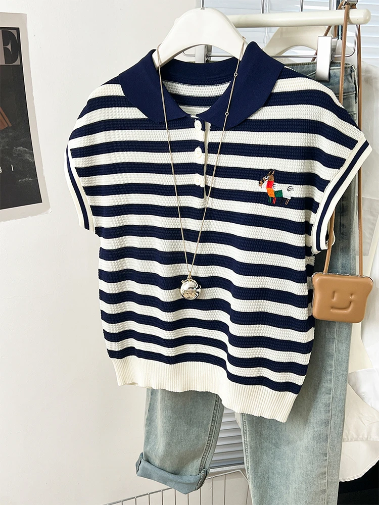 Summer Turn-down Collar Knitted Short-sleeved Tops Women\'s Casual Versatile Striped Embroidered T-shirt Loose Tops