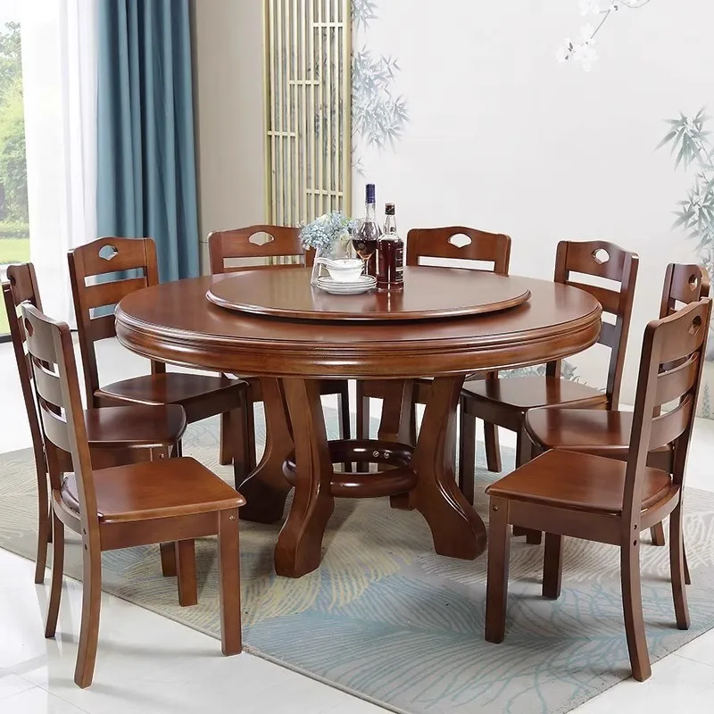 Chinese solid wood dining table and chair combination household round table with turntable round induction cooker dining table r