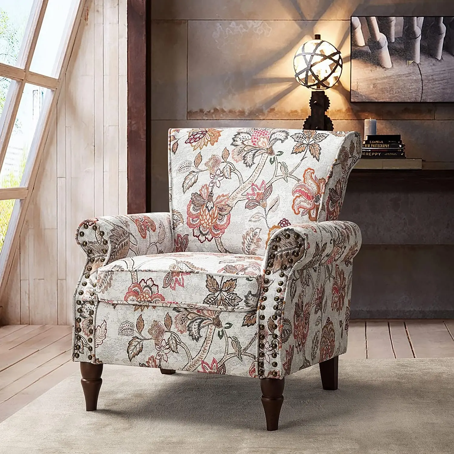 

Modern Wingback Accent Chair with Wood Legs & Removable Cushion, Comfy Upholstered Armchair with Nailhead Trim, Pink