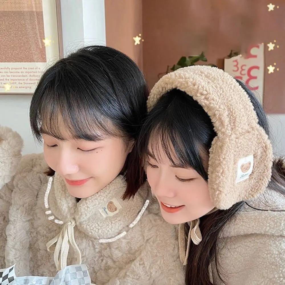 Cute Bear Tie Plush Earmuffs Foldable Windproof Plush Ear Cover Outdoor Riding Cold Protection Soft Plush Earflap Women Girls